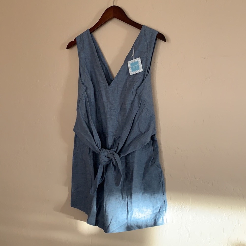 COPY - COPY - Chambray Romper Tie waist front via Clad & Cloth